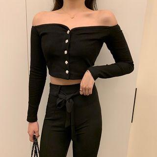 Plain Off-shoulder Long-sleeve Slim-fit Top / High-waist Pants