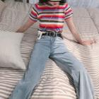 Striped Short-sleeve T-shirt / Straight Fit Jeans