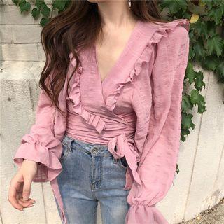 Lantern-sleeve Ruffle Trim Blouse