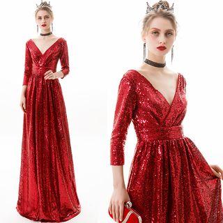 V-neck Sequined A-line Evening Gown