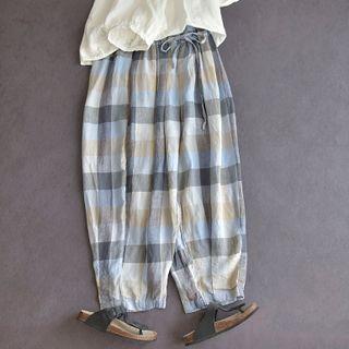 Drawstring Plaid Wide-leg Pants Blue - One Size