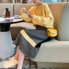 Set: Plain Sweater + Striped Midi Knit Straight-fit Skirt