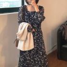 Long-sleeve Floral A-line Chiffon Midi Dress Dark Blue - One Size