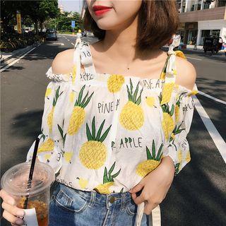 Off-shoulder Pineapple Print Short-sleeve Blouse