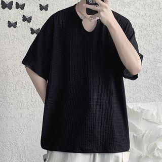 Elbow-sleeve Notched Knit Top
