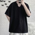 Elbow-sleeve Notched Knit Top