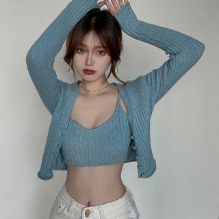 Set: Knitted Bralette + Light Knit Cardigan Lake Green - One Size