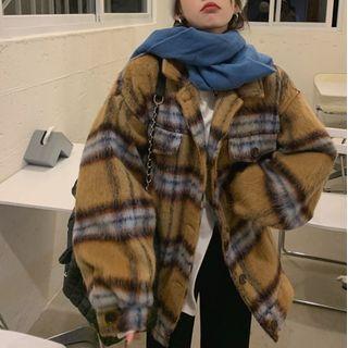 Plaid Fleece Shirt Jacket Plaid - Dark Tangerine - One Size