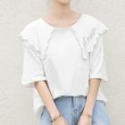 3/4-sleeve Embroidered Letter Wide Collar T-shirt