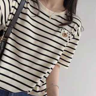 Elbow-sleeve Bear Embroidered Striped Top Almond - One Size