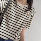 Elbow-sleeve Bear Embroidered Striped Top Almond - One Size