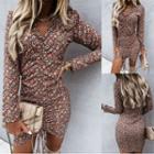 Long Sleeve V-neck Floral Print Drawstring Mini Dress