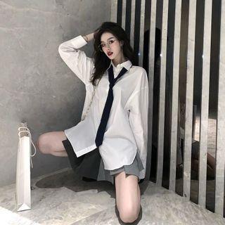 Pocket Detail Shirt With Necktie / Pleated Skirt