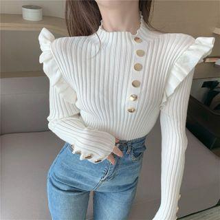 Ruffle Trim Buttoned Knit Blouse
