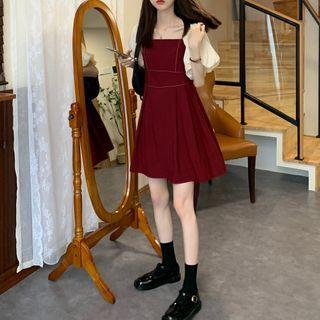 Square-neck Puff-sleeve Two-tone Mini A-line Dress