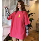 Elbow-sleeve Moon Print T-shirt / Long-sleeve Striped T-shirt