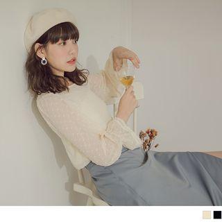 Lace Trim Ruffled Cuff Dotted Long Sleeve Top