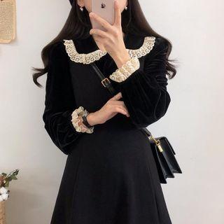 Crochet Trim Long-sleeve Velvet A-line Dress