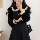 Crochet Trim Long-sleeve Velvet A-line Dress