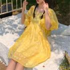 Flower Detail Puff-sleeve Shift Dress Yellow - One Size