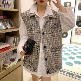 Cold-shooulder Shirt / Plaid Tasseled Vest