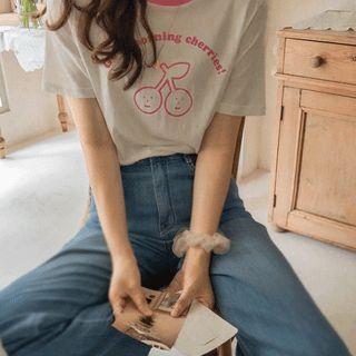 Cherry Letter Print Ringer T-shirt