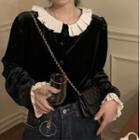 Long-sleeve Frill Trim Button-up Blouse Black - One Size