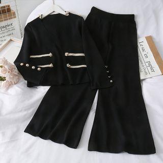 Set: V-neck Crop Top + Wide-leg Pants Black - One Size