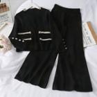 Set: V-neck Crop Top + Wide-leg Pants Black - One Size