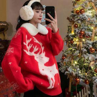 Deer Print Collared Sweater