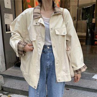 Plaid Panel Denim Jacket As Shown In Figure - One Size