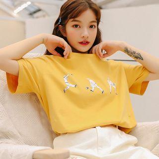 Elbow-sleeve Cartoon T-shirt Yellow - One Size