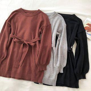 Plain Crewneck Long-sleeve Lace-up Dress