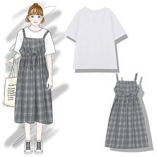 Short-sleeve T-shirt / Plaid Spaghetti-strap A-line Dress