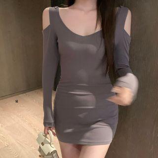 Cold-shoulder Long-sleeve Hooded Mini Bodycon Dress As Shown In Figure - One Size