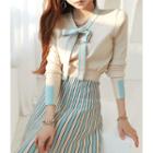 Beribboned Top & Striped Skirt Knit Set