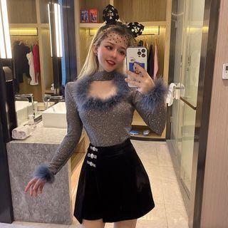 Long-sleeve Sequined Fluffy Trim Cutout Top