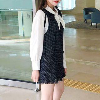 Plaid Frayed Sleeveless Mini A-line Dress / Bow Accent Long-sleeve Blouse