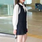 Plaid Frayed Sleeveless Mini A-line Dress / Bow Accent Long-sleeve Blouse