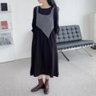 Long-sleeve Midi A-line Dress / Asymmetric Vest