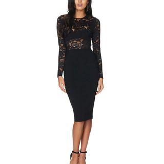 Long-sleeved Crewneck Plain Panel Lace Sheath Dress