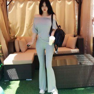Set: Off-shoulder Elbow-sleeve Top + Boot-cut Pants