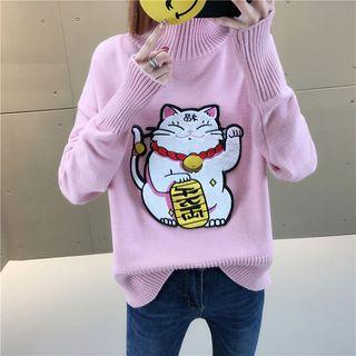 Cat Applique Mock Neck Sweater