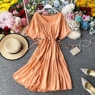 Drawstring V-neck Short-sleeve Dress