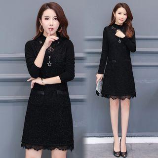 Long-sleeve Paneled Lace-trim Mini Knit Dress