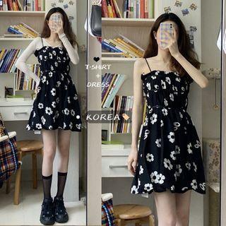 Spaghetti Strap Floral Print A-line Mini Dress / Long-sleeve Sheer T-shirt