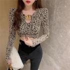 Long-sleeve Chain-accent Leopard Print Crop Top