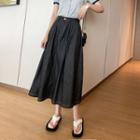 Elastic High-waist Stitched Denim Midi Skirt