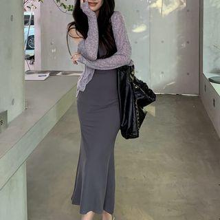 Spaghetti-strap Plain Slim Fit Midi Dress / Plain Cardigan