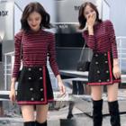 Set: Mock Neck Long Sleeve Striped Top + Double Breasted A-line Skirt